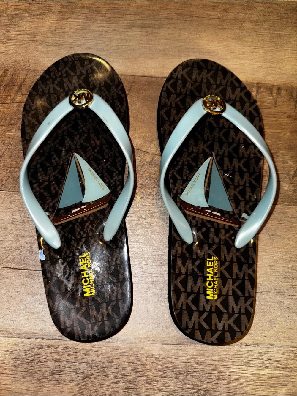 Michael Kors Brown MK Monogram Sailboat Flip Flops Aqua Blue Sandals